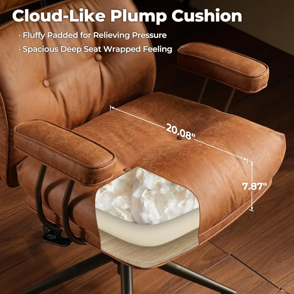 كرسي مكتب منزلي مريح، كراسي جلدية صناعية حديثة من منتصف القرن مع وسائد سميكة، بكرة دوارة مريحة عالية الظهر #2