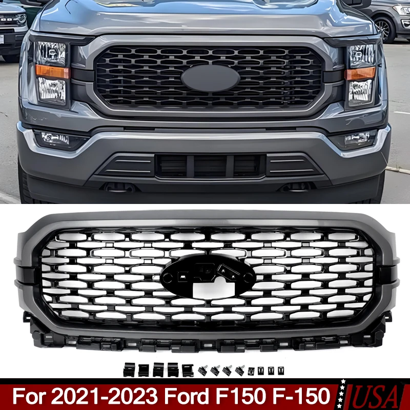 

Honeycomb Front Grille Carbonized Gray Replace for 2021-2023 Ford F150 F-150 XL Front Bumper Upper Grille Radiator Mesh Grills