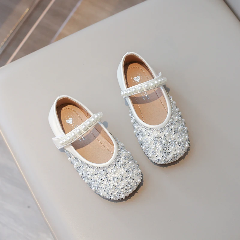 Toddler Girls Pearls Princess Shoes Kids Sequins Mary Jane Shoes Baby Gilrs Dance Wedding Shoes Autumn Spring 6-12Y Flats Autumn