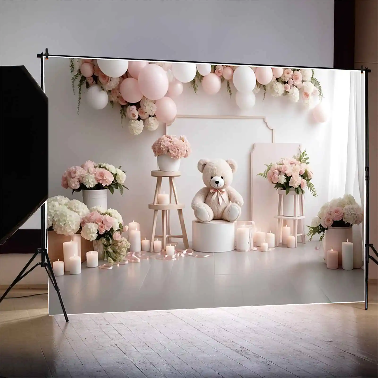 MOON.QG Teddy Bear Flower One Birthday fondali bambini ghirlanda palloncino floreale sfondo decorazione per feste forniture per fotochiamate