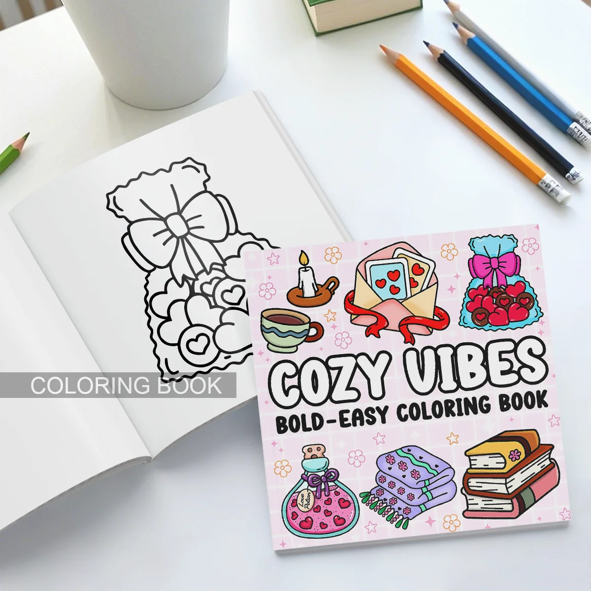 كتاب تلوين أنماط جريء وسهل من COZY VIBES للبالغين، كتاب رسم لطيف، هدية مثالية للحفلات وأعياد الميلاد