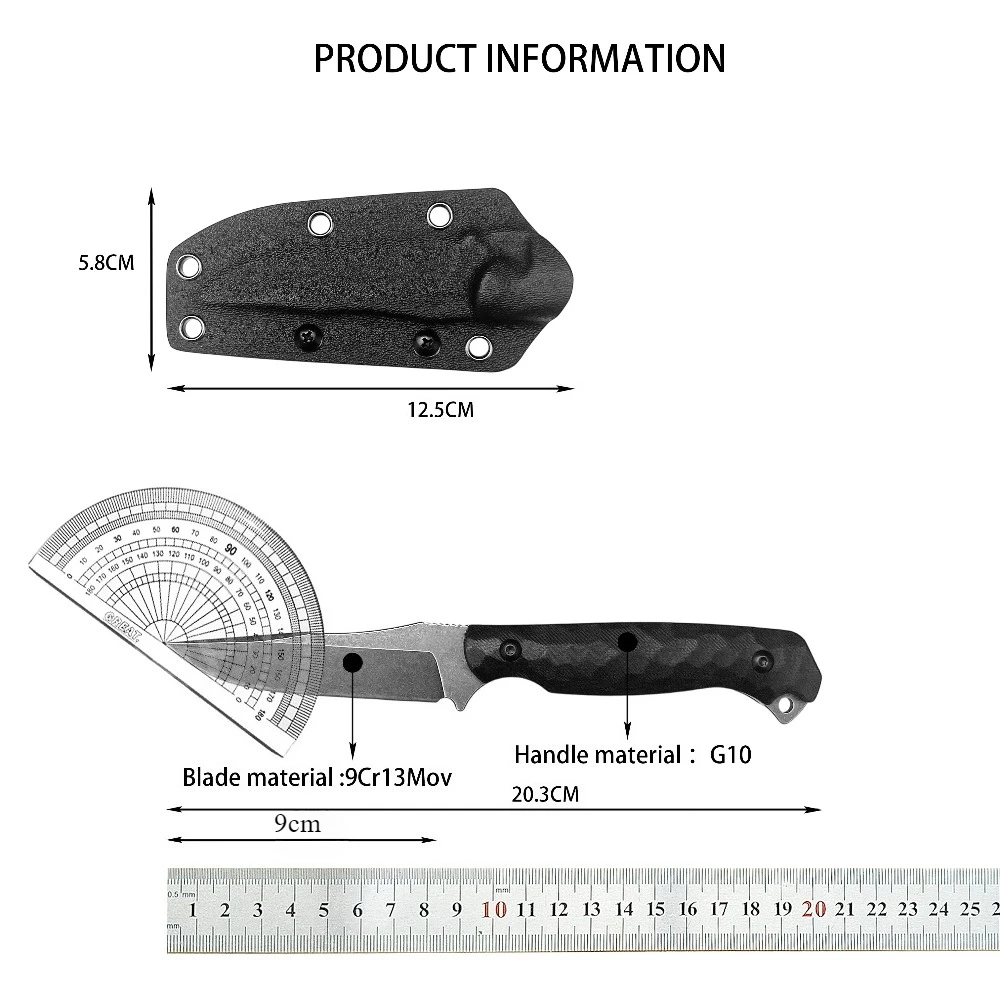 Black Tactical Knife with 9Cr13Mov Blade and G10 Handle Ideal for Outdoor Camping Survival EDC and Emergency Escape Men's Gifts