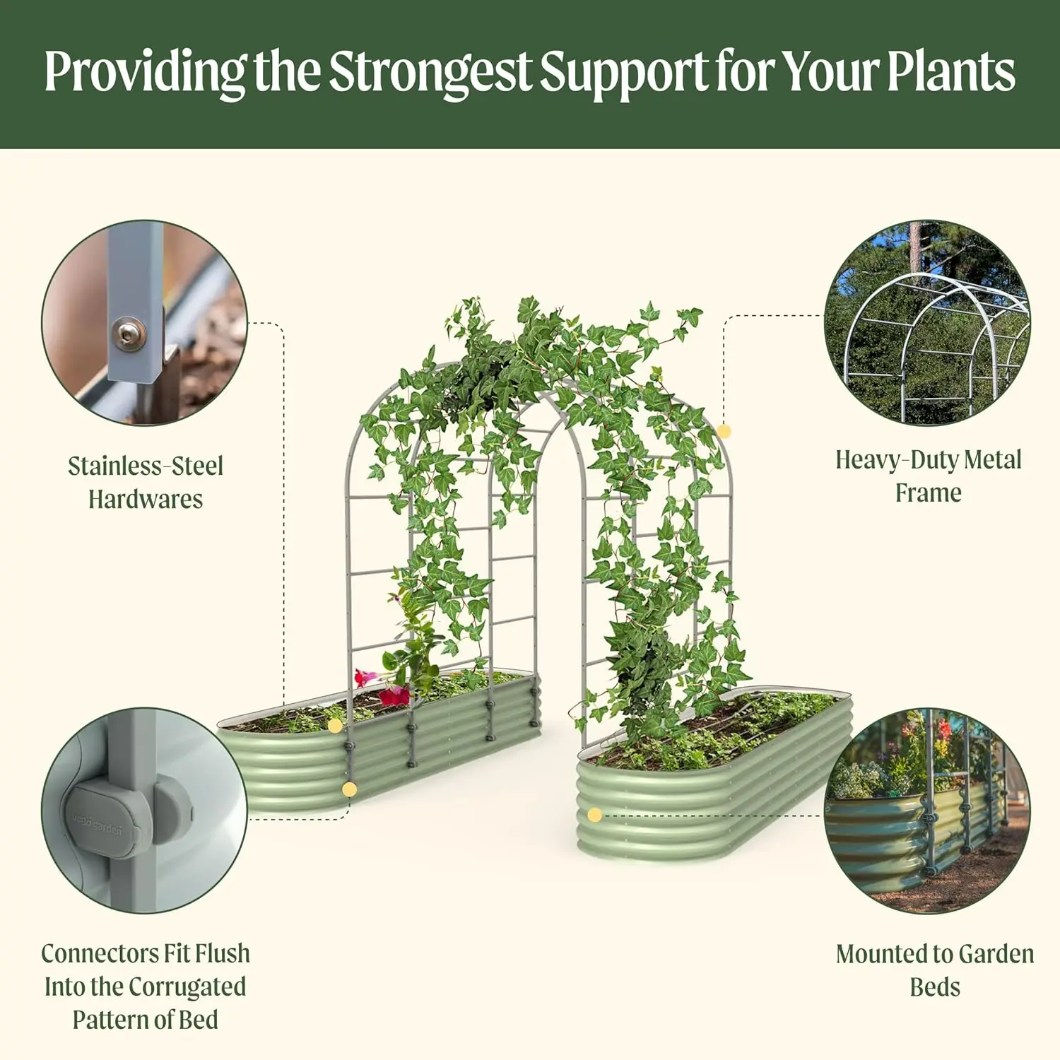 Modular Arched Trellis System Triple Section 5.5' Long Trellis for 4.0' x 8.0' (10 in 1) Garden Bed
