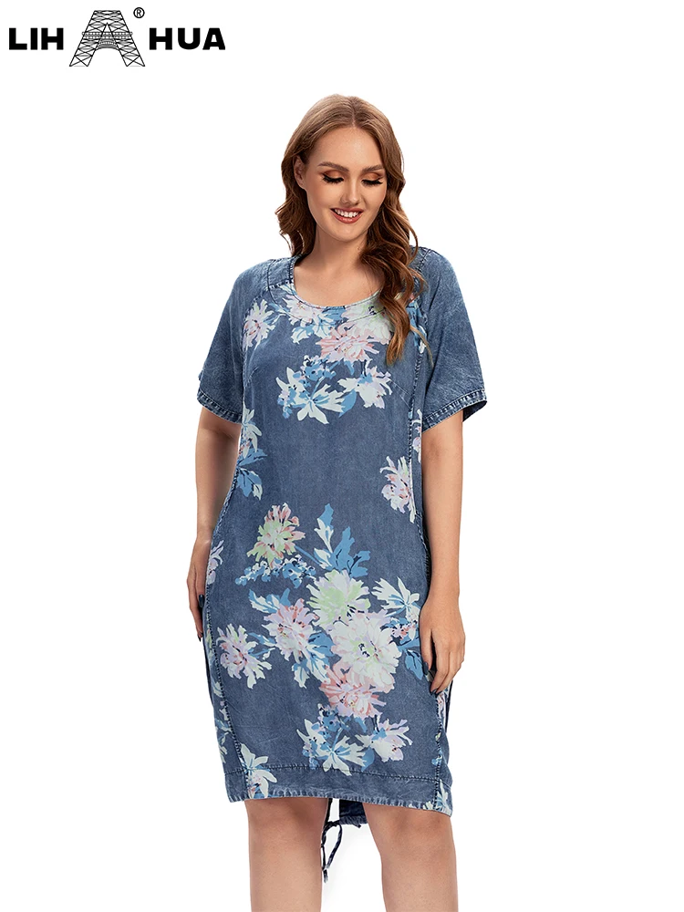 LIH HUA feminino plus size denim vestido outono chique vestidos elegantes para gorducho feminino algodão tecido vestido