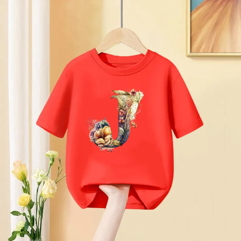 Flower Letter ABCD Cotton Children T-Shirt Name Combination Tee Shirts Cartoons Kawaii Kid Casual Girl Boy Harajuku Tops