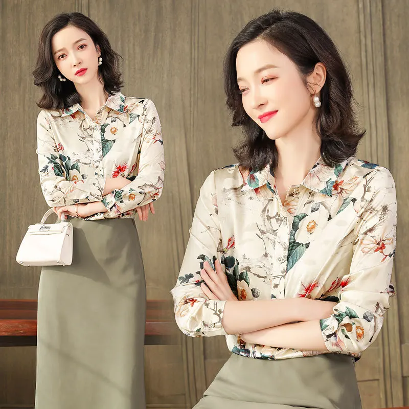 Birdtree 90%Real Silk Elegant Shirt Women's 2023 Autumn Thin Office Lady Top Loose  Printed Long Sleeve Casual Blouse T30676QC