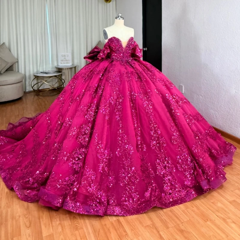 

Rose Red Shiny Quinceanera Dresses Ball Gown Off The Shoulder Sequin Applique Lace Beading Crystal Tull Sweet 16 Dress Vestidos