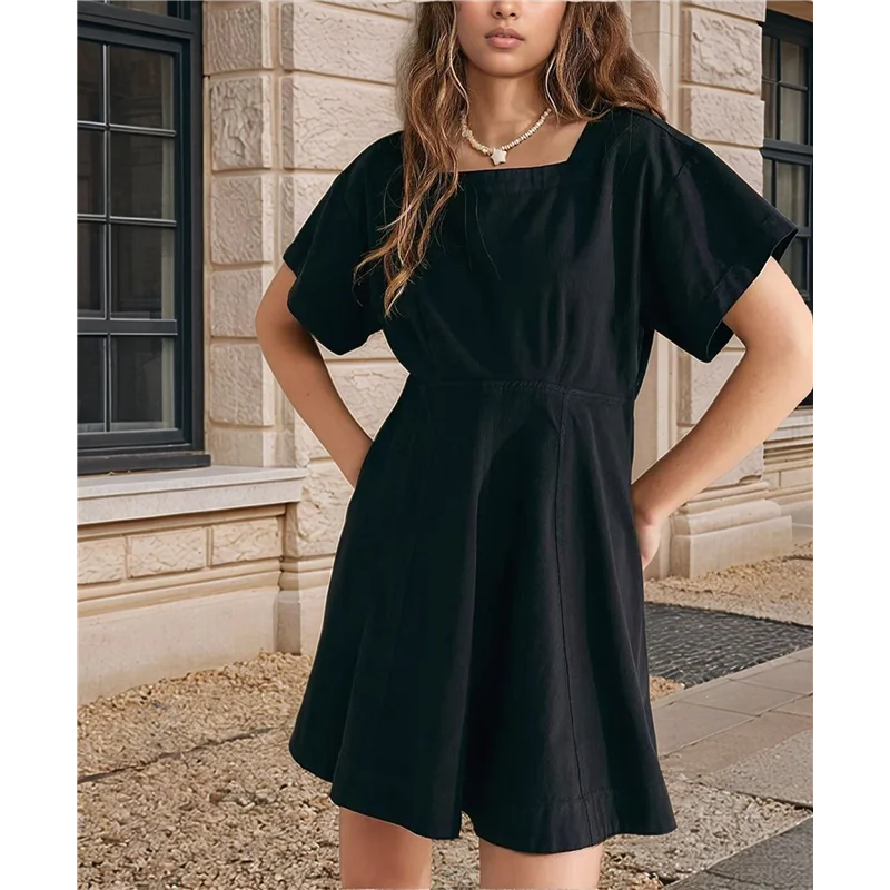 Vestido de mujer con manga abombada y cuello cuadrado con lazo en la espalda con cremallera