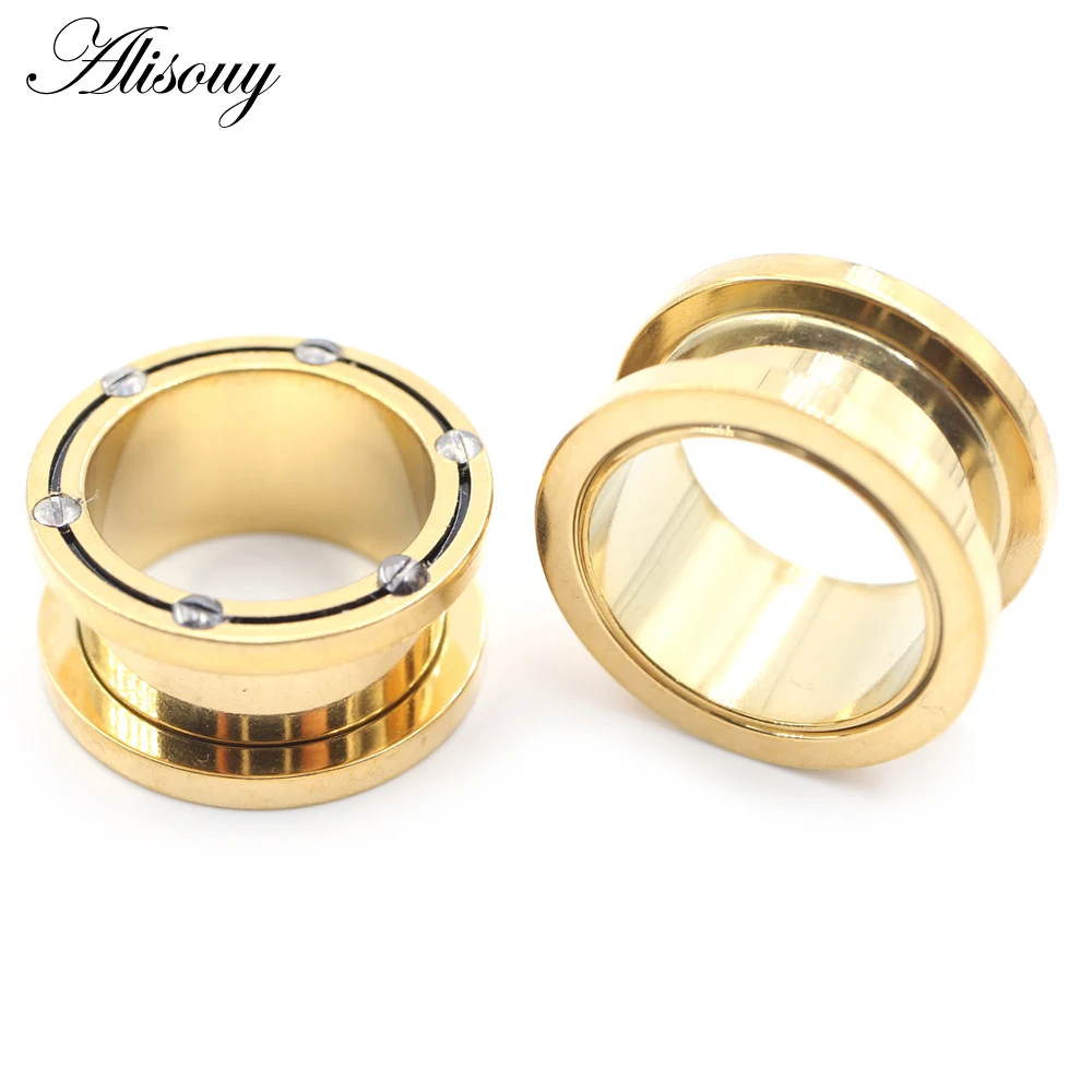 Alisouy 2PCS 8mm-25mm Gold Color Pulley Stainless Steel Ear Tunnels Plug Expander Stretcher Gauge Earrings Piercing Body Jewelry