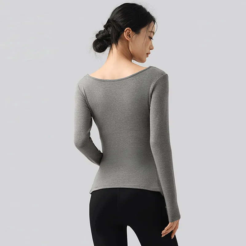 Sexy V-Ausschnitt Yoga Langarm-Schlankheits-Fitness-Top Doppelknoten Schlankes Lauf-Sportshirt für Damen für Herbst und Winter – Detail 4