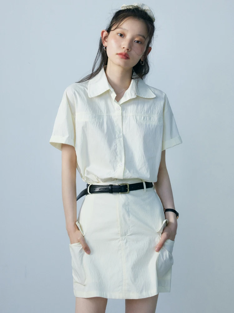 

EGGKA Color Short Sleeve Shirt High Waist Skirt Set Women's Simple Short Top Workwear Short Skirt Two Piece Set