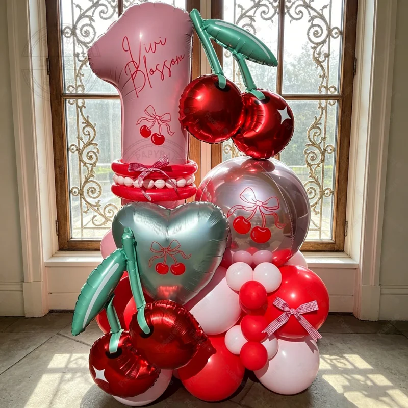 29pcs/set Cherry Fruit Theme Aluminum Balloon Column Set Sweet Summer Birthday Party Wedding Decoration Girls Cherry Balloons