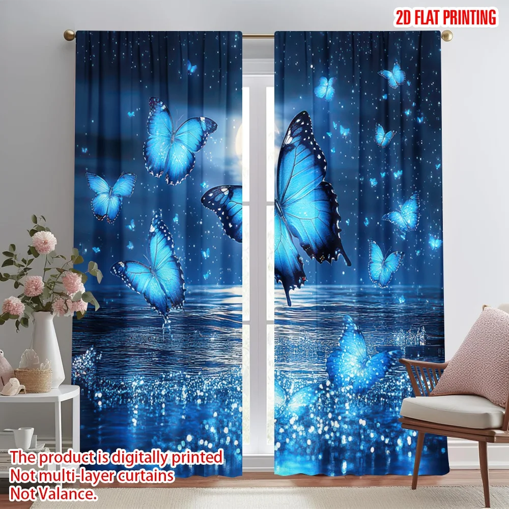 

2D flat printing 2pcs Party Window Curtains Midnight Blue Butterflies Digital Printed Polyester Drapes Family Party Use for Home