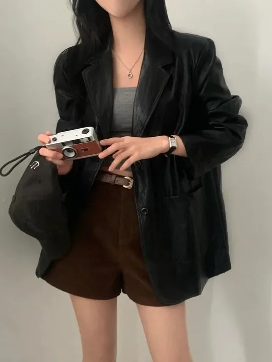 بدلة ريترو Sle من جلد البولي يوريثان Jaet للسيدات فضفاضة طويلة Sve ملابس خارجية أنيقة لخريف وشتاء ملمس راقي