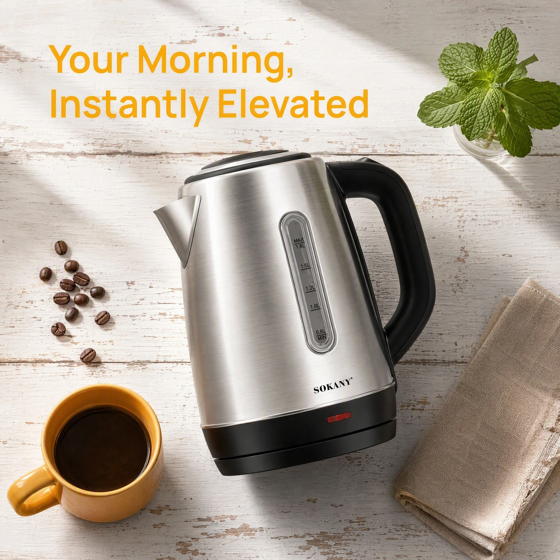 European Standard Stainless Steel Electric Kettle, 1.8L Home Kettle with Automatic Shut-off and 1800W, with Visual Window
