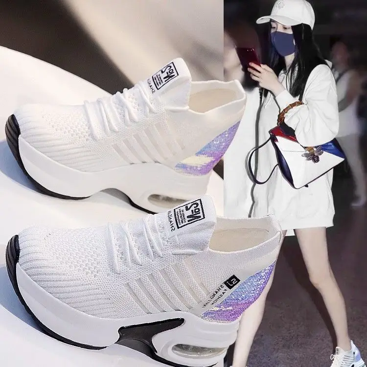 

2026 New Summer Hidden Height Mesh Knit Shoes Woman Platform Wedge Shoes Spring Female Mesh Breathable Casual Shoes Sequin Shoes