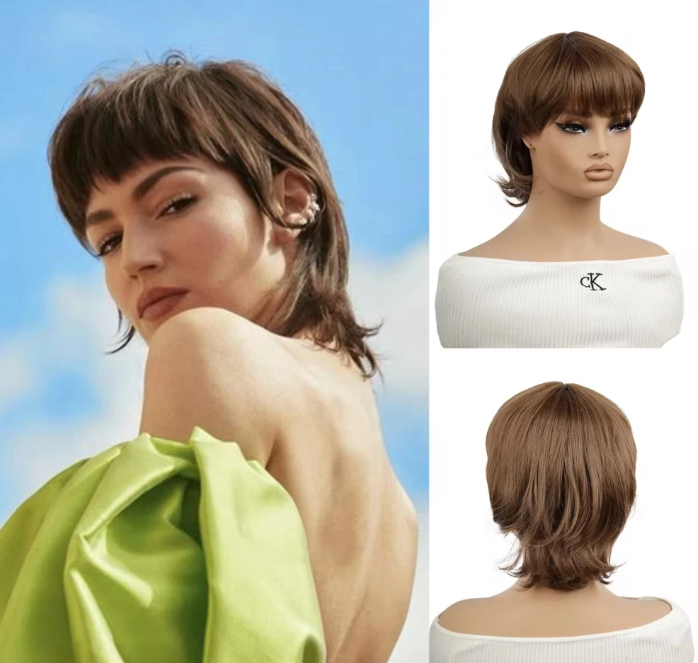 Synthetic Cosplay Wig Mullet Head Wig Brown High Quality Wig For Women Short Straight Wolf Tail Fake