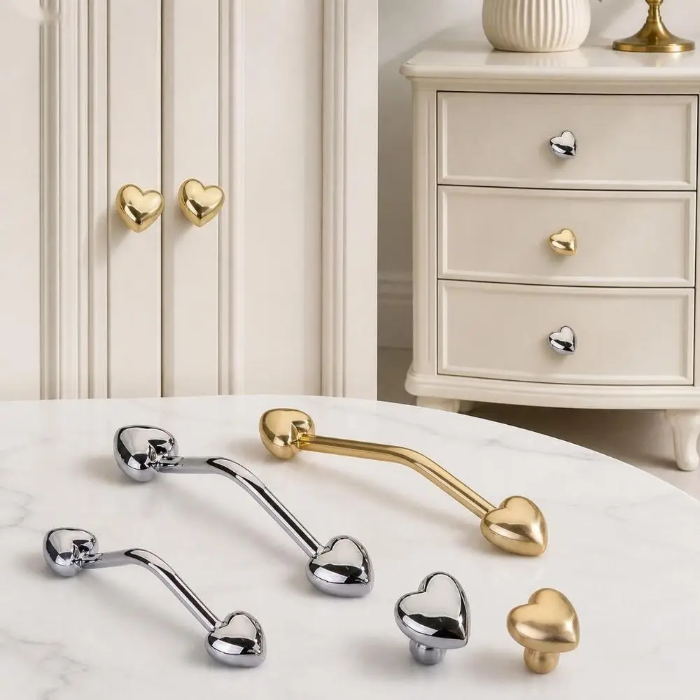 Heart Shape Wardrobe Door Handles Zinc Alloy Single Hole/Double hole Furniture Pulls Bright Chrome Drawer Knob Kitchen Cabinet