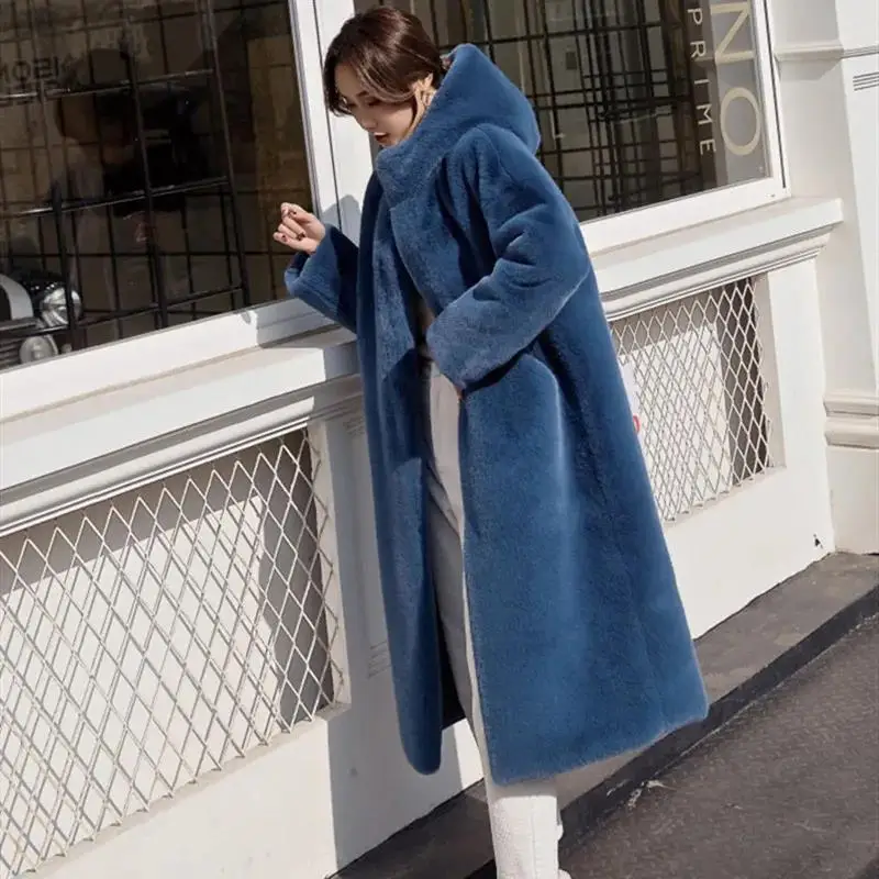 2023 New Women Winter Faux Coat Hooded Long Fur Coats Thick Warm Female Plush Plus Size Loose Overcoat