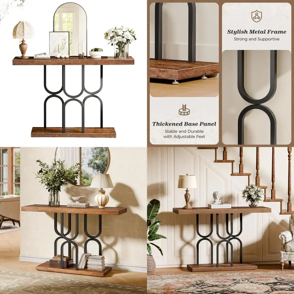 

Коричневый узкий консольный столик в прихожей в индустриальном стиле в деревенском стиле с U-образным металлическим основанием для прихожей и фойе