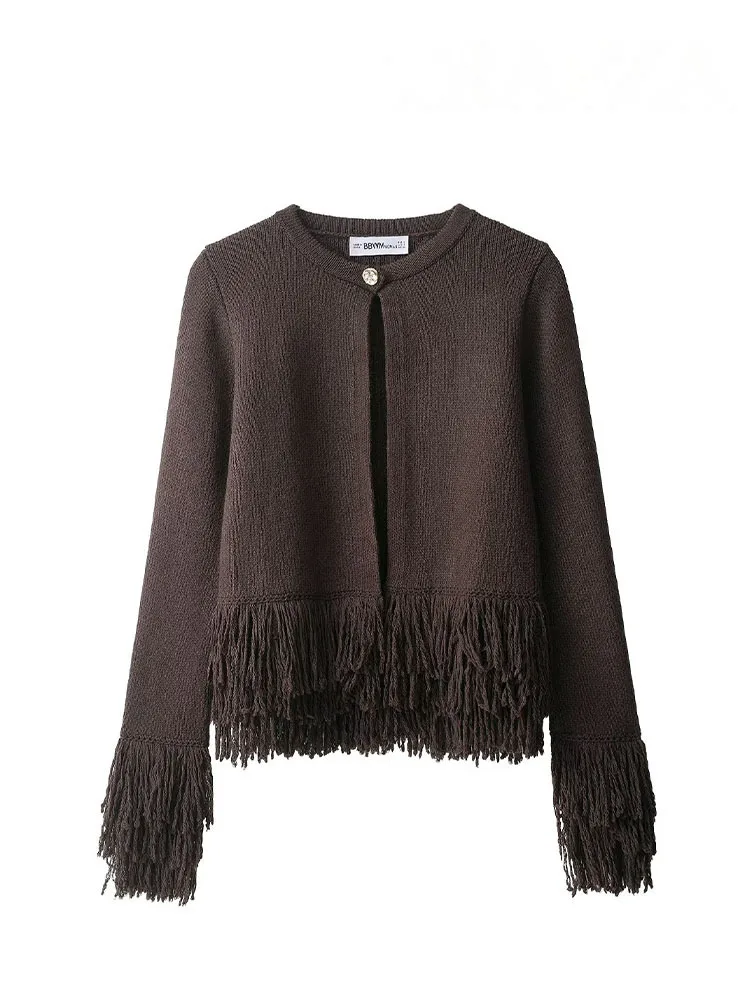 

HH 2025 Women Fashion Autumn Sweater Coats Solid O-Neck Long Sleeves Tassel Decoration Button Female Casual Loose Cardigans