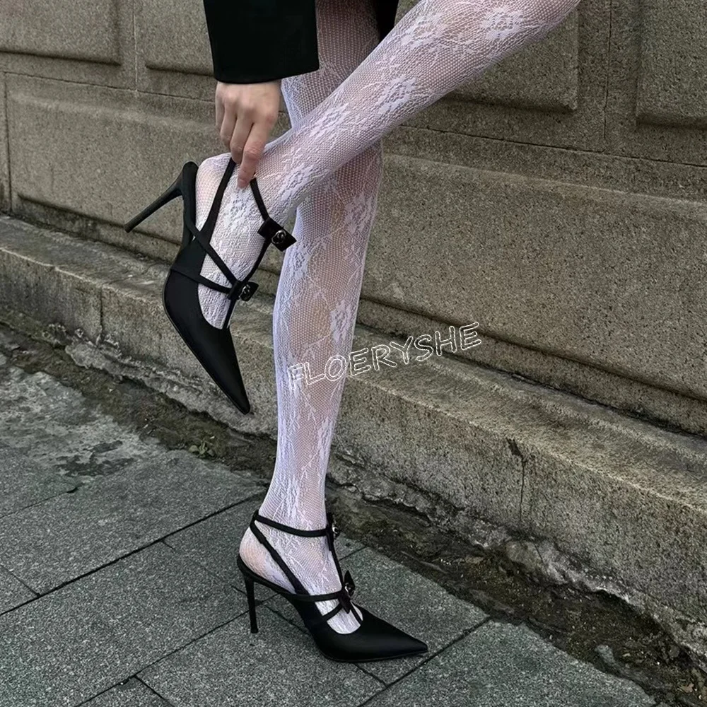 2024 Black Suede Stiletto Pumps Summer New Arrival Women Ankle Buckle Thin High Heel Pointed Toe Sexy Design Party Dress Shoes