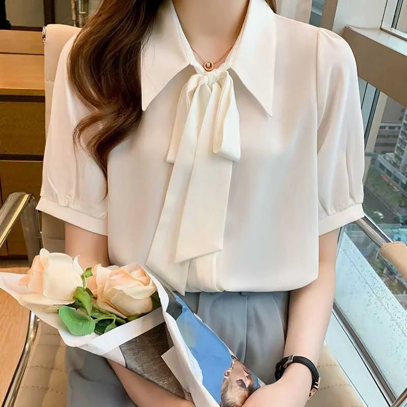 

Summer New Sle Women's Knot Collar ort Sve Casual irt Commute Unique Top Loose Fit Korean Version