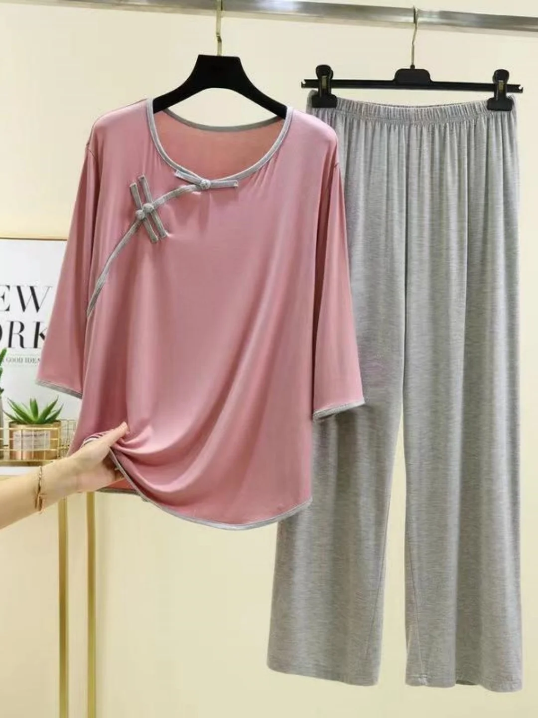 

New Chinese Style Button Nightgown Set Women's 7/8 Sleeve Top plus Size Outerwear Long Pants Home Clothes Two-Piece Set