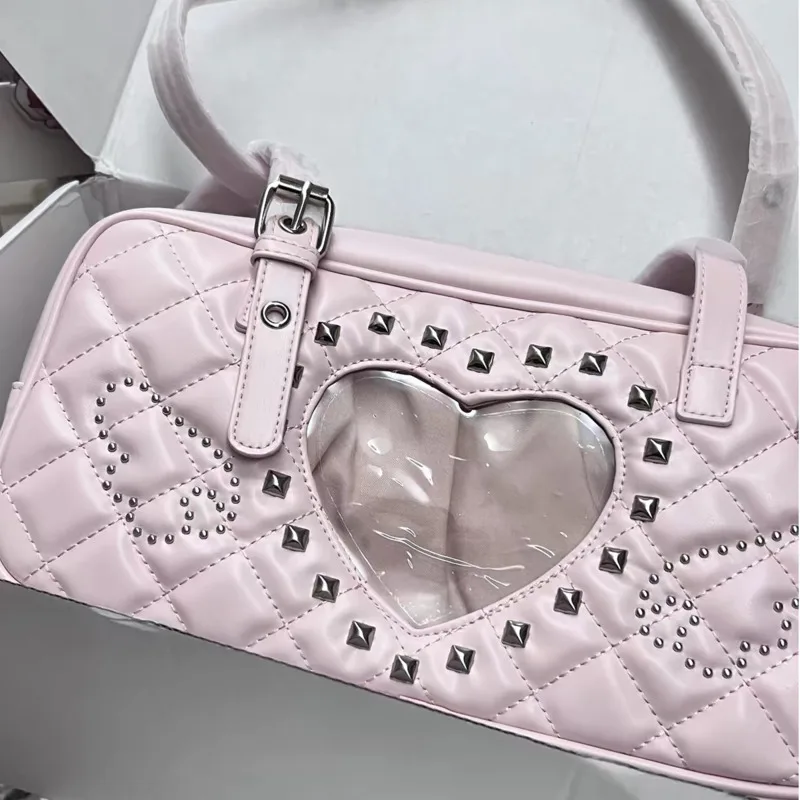 Y2k Sweet Handbags Girls Pink Transparent Pocket Japanese Ita Bag Rivet Design Lolita Shoulder Bag PU Leather Harajuku Pain Bags