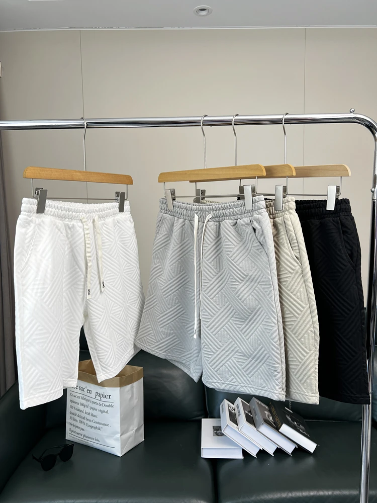 

Мужские летние брюки American Sle с ромбовидным узором, текстурированные брюки с поясом и пятью точками, свободный крой, повседневные молодежные брюки