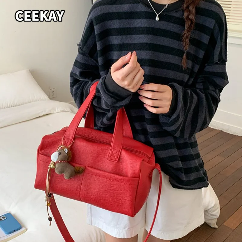 CEEKAY Women's Shoulder Bag Red Textured PU Leather Large Handbag Plush Horse Pendant Zipper Daily Casual Sweet Style