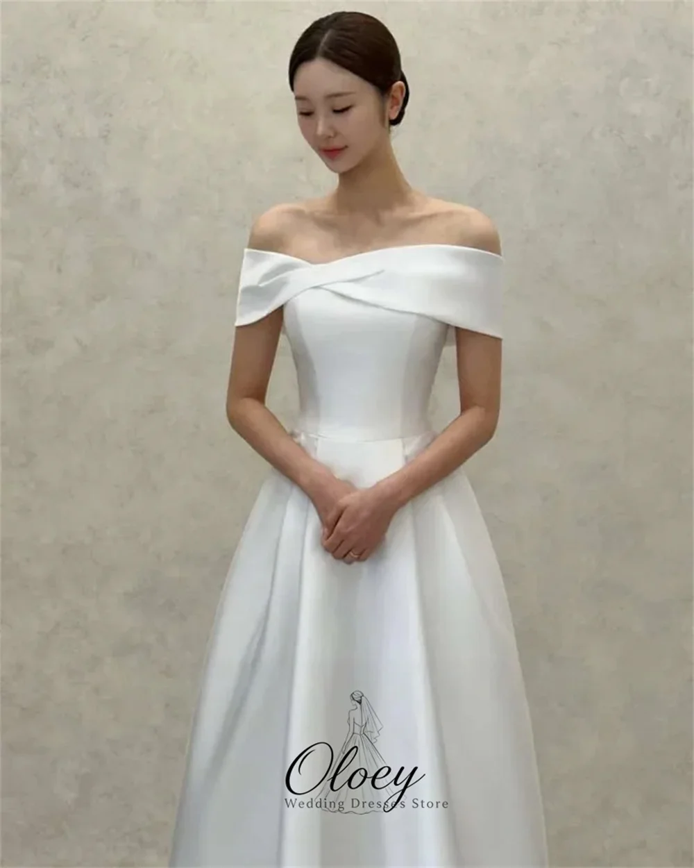 OLOEY Elegant Detachable Off The Shoulder Korea Wedding Dress Photo Shoot Satin A‑Line Customized Bridal Gown Outdoor Wedding