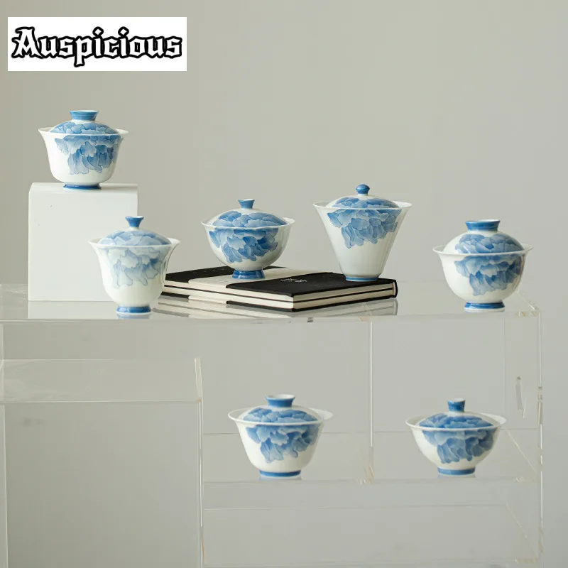 Cuenco con cubierta hecha a mano de Color Underglaze, té de peonía azul pintado a mano, tueen Zen, Gaiwan, Té antiguo, elaboración de cerveza, Cha, regalos artesanales