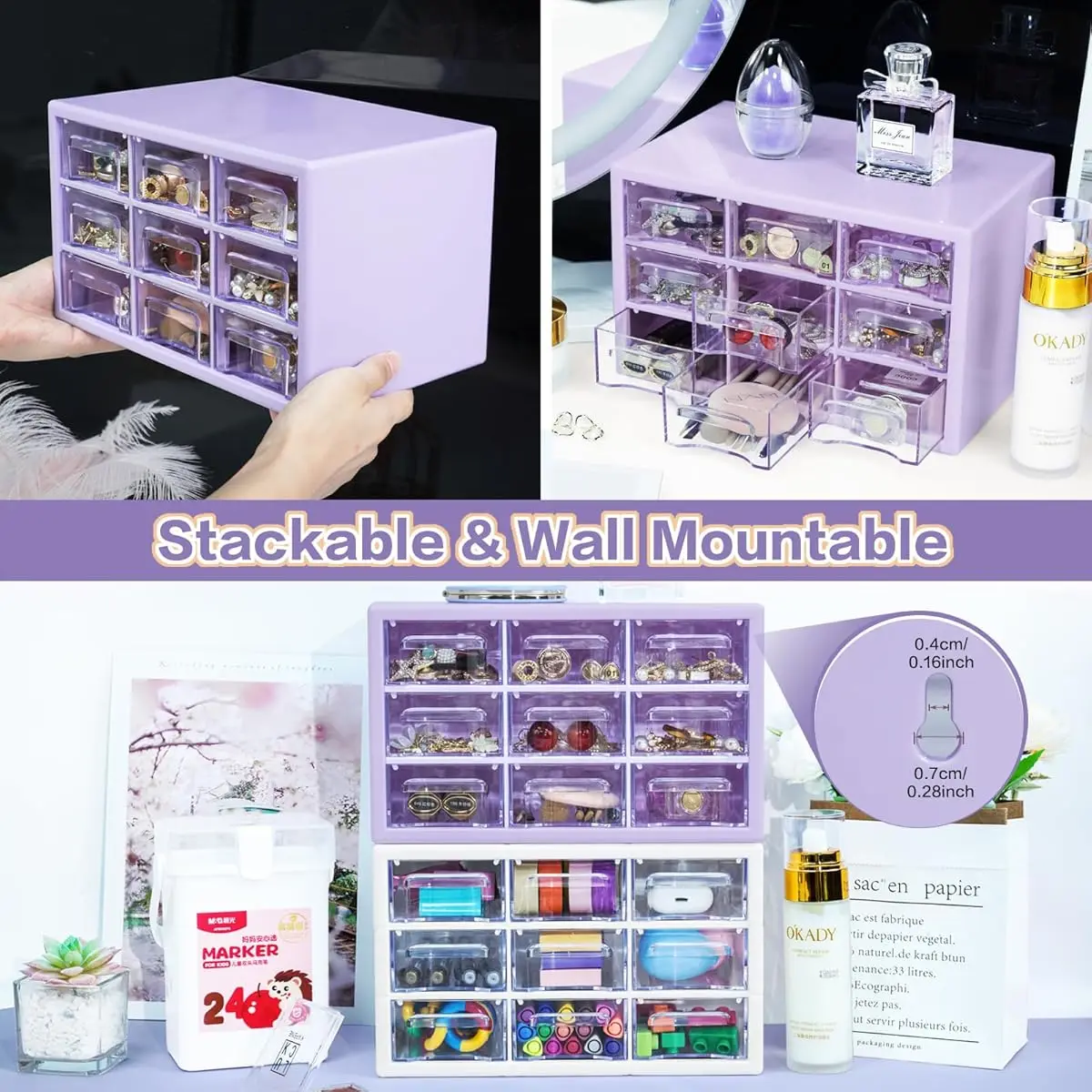 9 Drawer Purple Lid Transparent Heavy-Duty Plastic Storage Cabinet | Smooth Drawers + Stackable Vertical Design, Ideal for Home