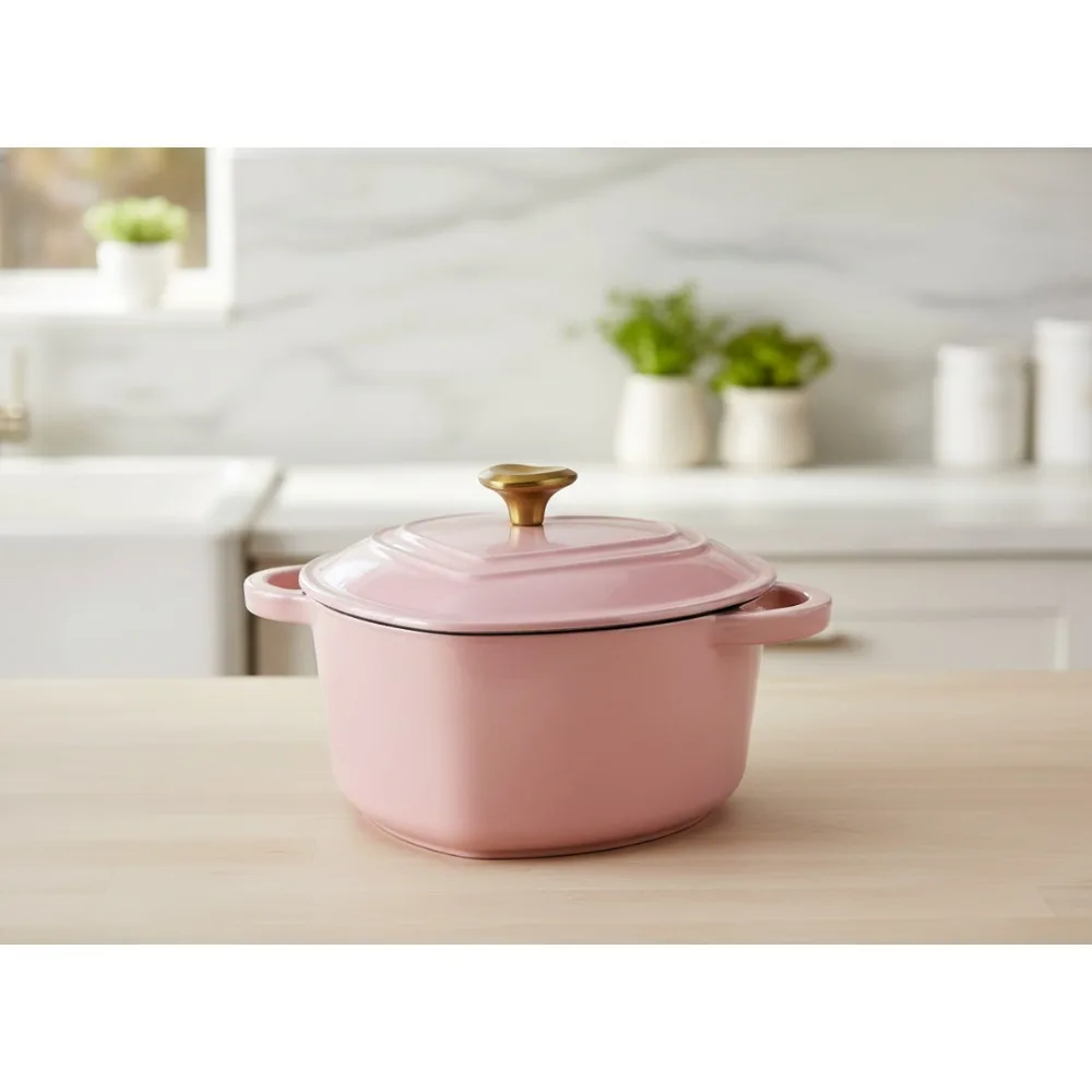 

Эмалированная чугунная голландская духовка в форме сердца, 4 литра, розовая, плита и безопасная для духовки, идеально подходит для романтической кухни