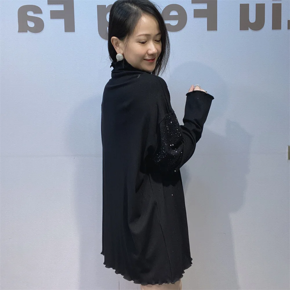 Sequins Turtleneck Pullover Long Sleeve Oversized T Shirt Woman 2026 Winter Casual Loose Black Tops Y2k Innerwear High Elastic