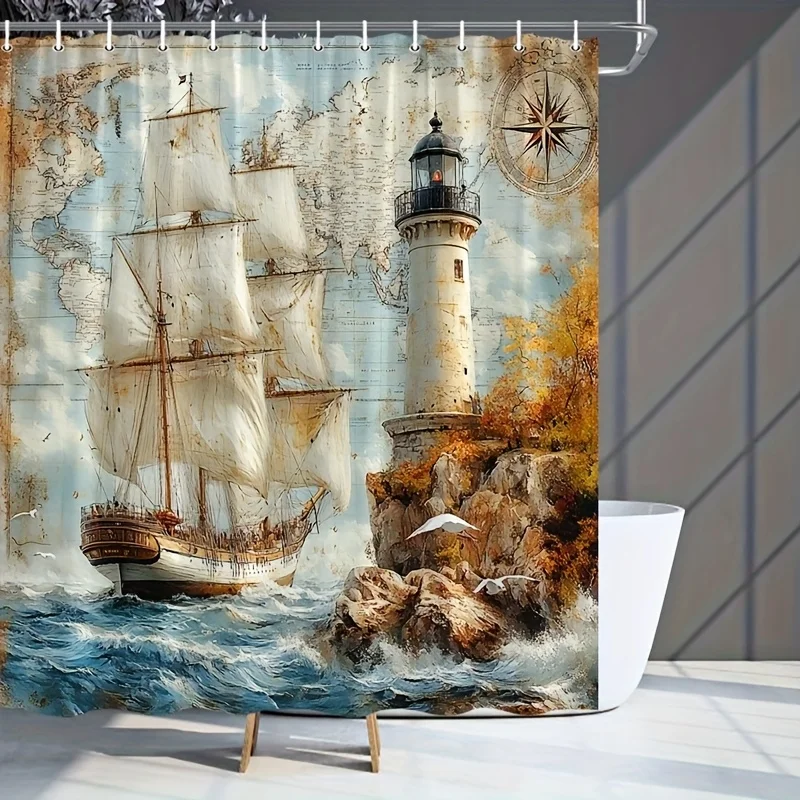 1pc Vintage Nautical Sailing Ship Lighthouse Seagull Graphic Print Shower Curtain - Machine Washable Polyester Fabric with 12 Ho