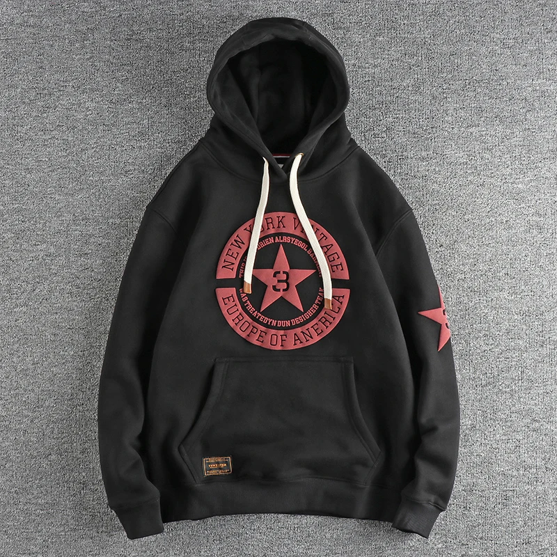 Autumn Winter New American Retro Thick Velvet Hooded Pentagram Printed Sweatershirts Men\'s Fashion Loose Casual Pullover Hoodies