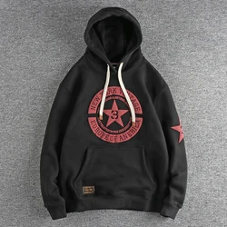 Autumn Winter New American Retro Thick Velvet Hooded Pentagram Printed Sweatershirts Men's Fashion Loose Casual Pullover Hoodies