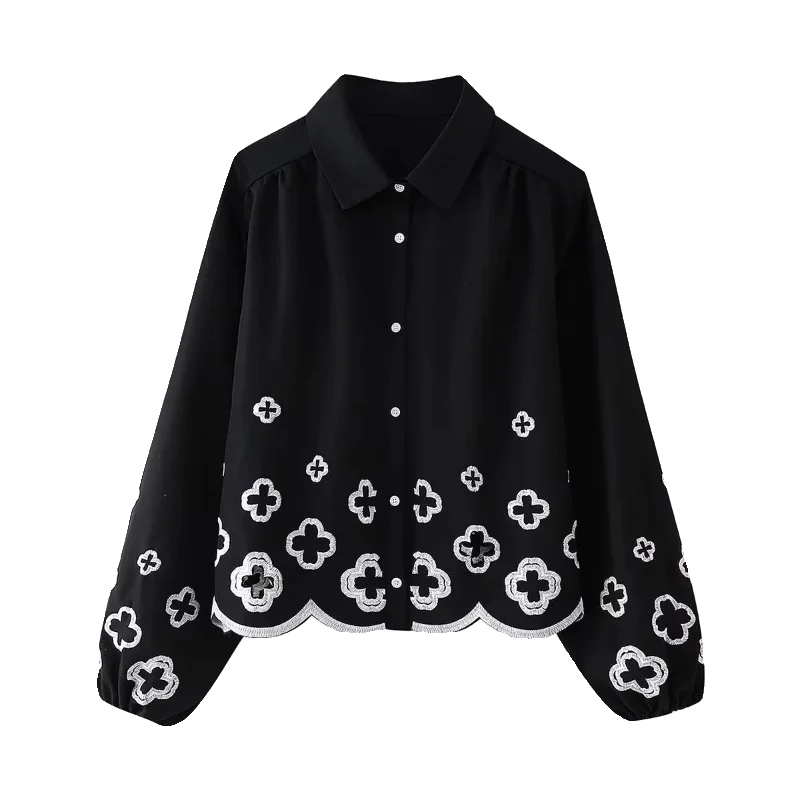 JNLEAOG Damska Bluzka z Haftowanymi Kwiatami, Jesienna Nowość, Elegancka, Do Pracy, Modny Design, Oddychająca, Poliester, Długa S...