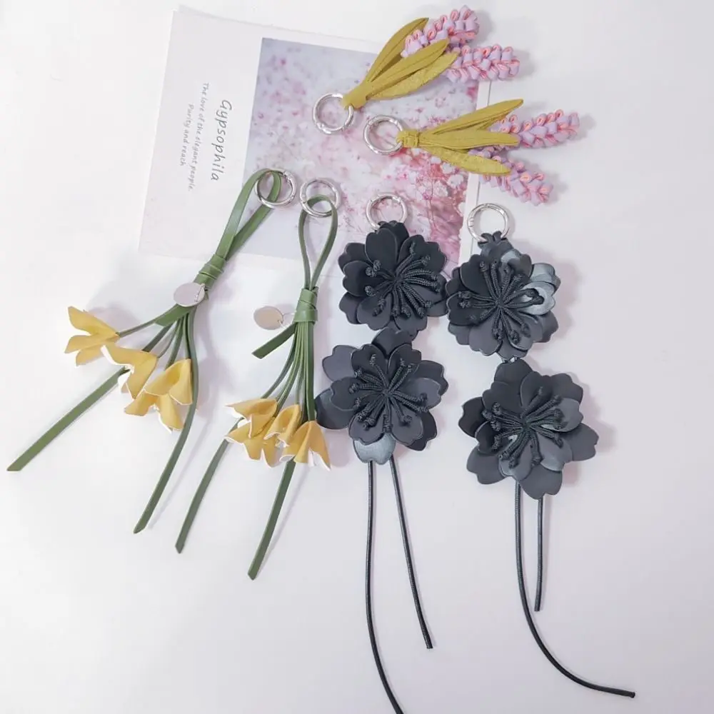 Trendy Purple Pu Leather Flower Pendant Lavender Hanger Pu Flower Keychain Creative Weave Bag Charm Car Keyring
