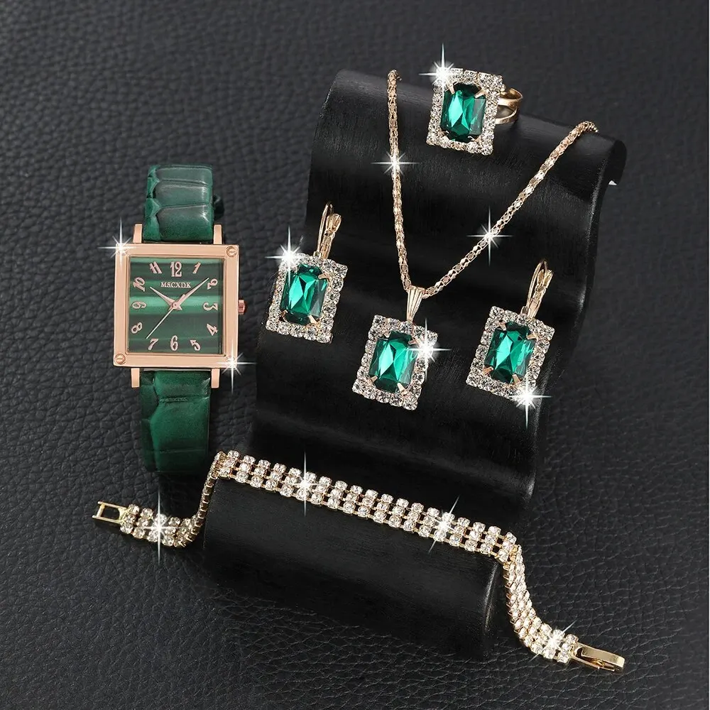 1pc Women Fashion Square Watch Simple Leather Quartz Wristwatches and 5pcs Ladies Square Zircon Jewelry Set Clock Montre Femme