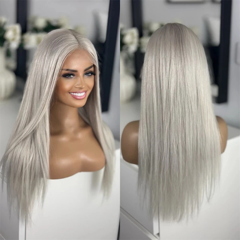 

13x4 Premium Synthetic Wig Ombre Grey Platinum Blonde Balayage Glueless HD Lace Front Wig Plucked Hairlineal Soft Straight Wig