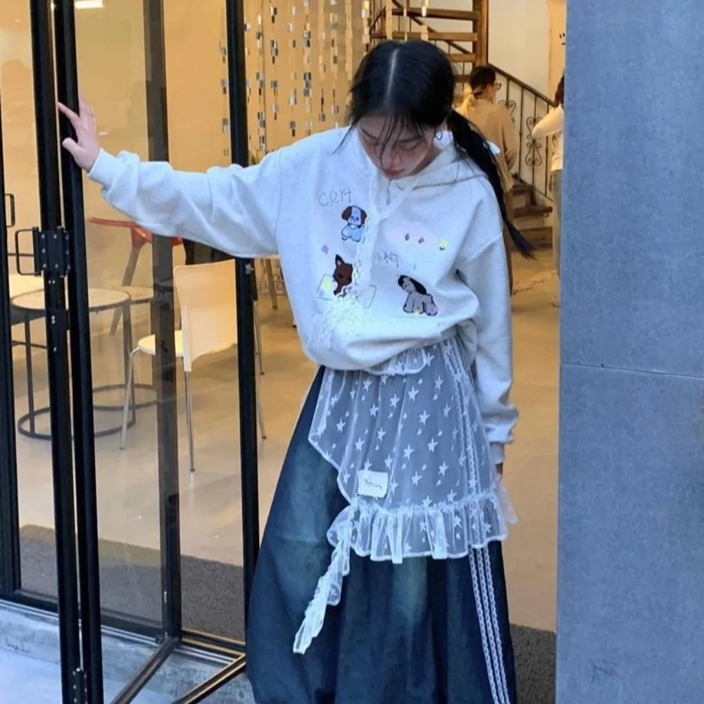 Mini saia de renda estrela macia estilo japonês saia de gaze irregular cintura alta rendas babados borda saia feminina