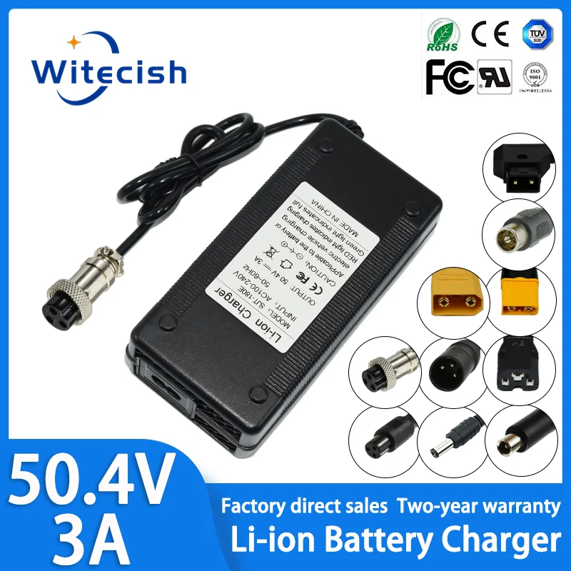 50,4 V 3 A Lithium-Ladegerät für 12er 44,4 V Li-Ionen-Akku. Aufladen. Eingebauter Lüfter, hochwertiger EU/US/UK/AU/SANS-Stecker