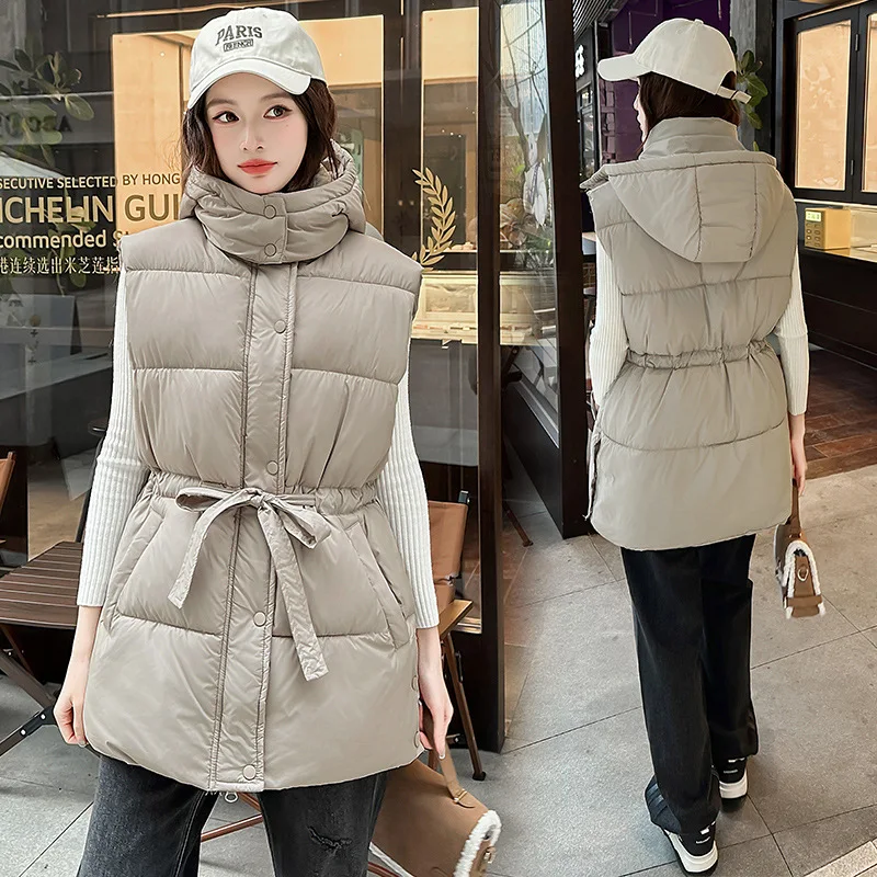 Women's winter jacket down cotton vest 2026 new Korean version hooded medium and long sleeveless jacket thermal cotton vest