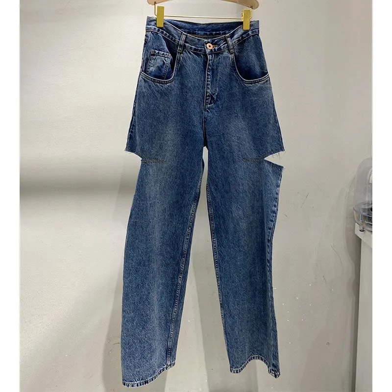 Imagem -03 - Jeans Rasgados Retos Clássicos para Mulheres Calças Casuais para Mulheres Furo de Faca Cintura Alta Calças Jeans Soltas Calças de Rua Retrô Roupas Y2k