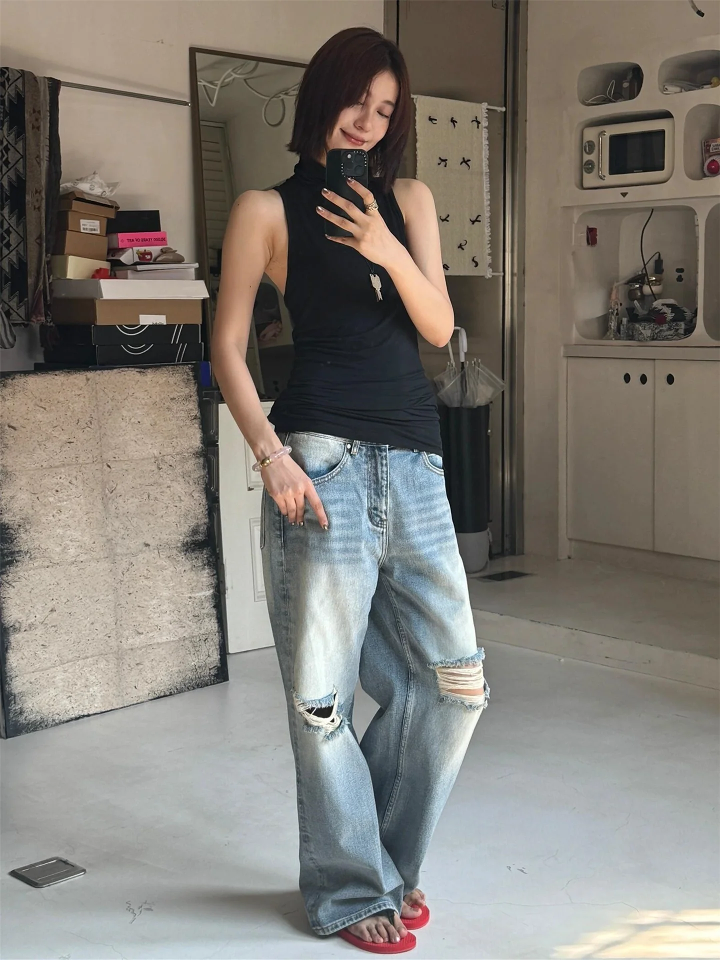 

Женские джинсы с высокой талией, свободного кроя, прямые, весенние, модные, рваные, винтажные, до колена, широкие штанины, повседневные, из хлопка