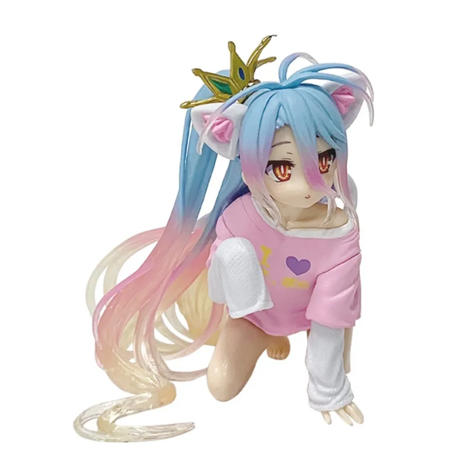 Em estoque anime sem jogo sem vida: zero shiro desktop bonito figura branca para orelha de gato camiseta 10cm modelo brinquedo figura ornamentos presente