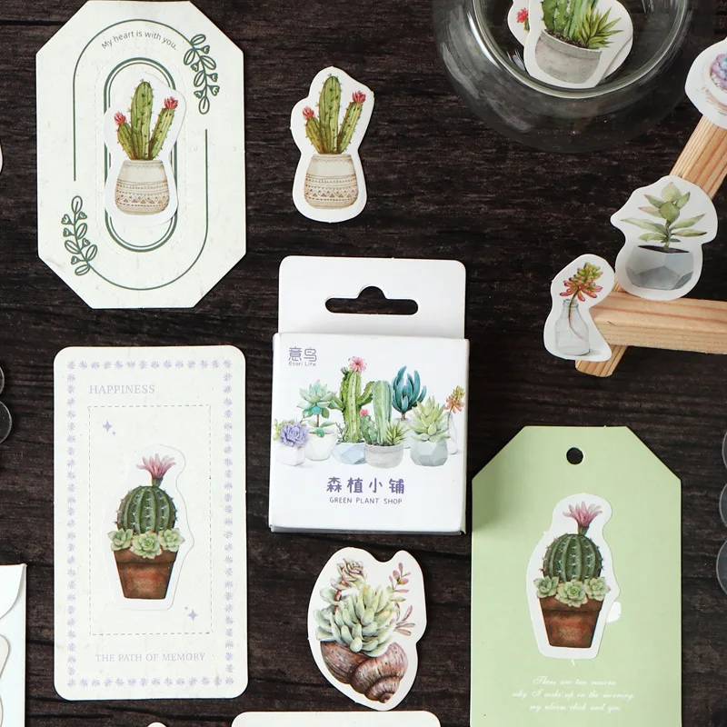 46pcs Cute Succulent Cactus Boxed Stickers Scrapbooking Vintage Plant Label Diary Stationery Album Phone Journal Planner